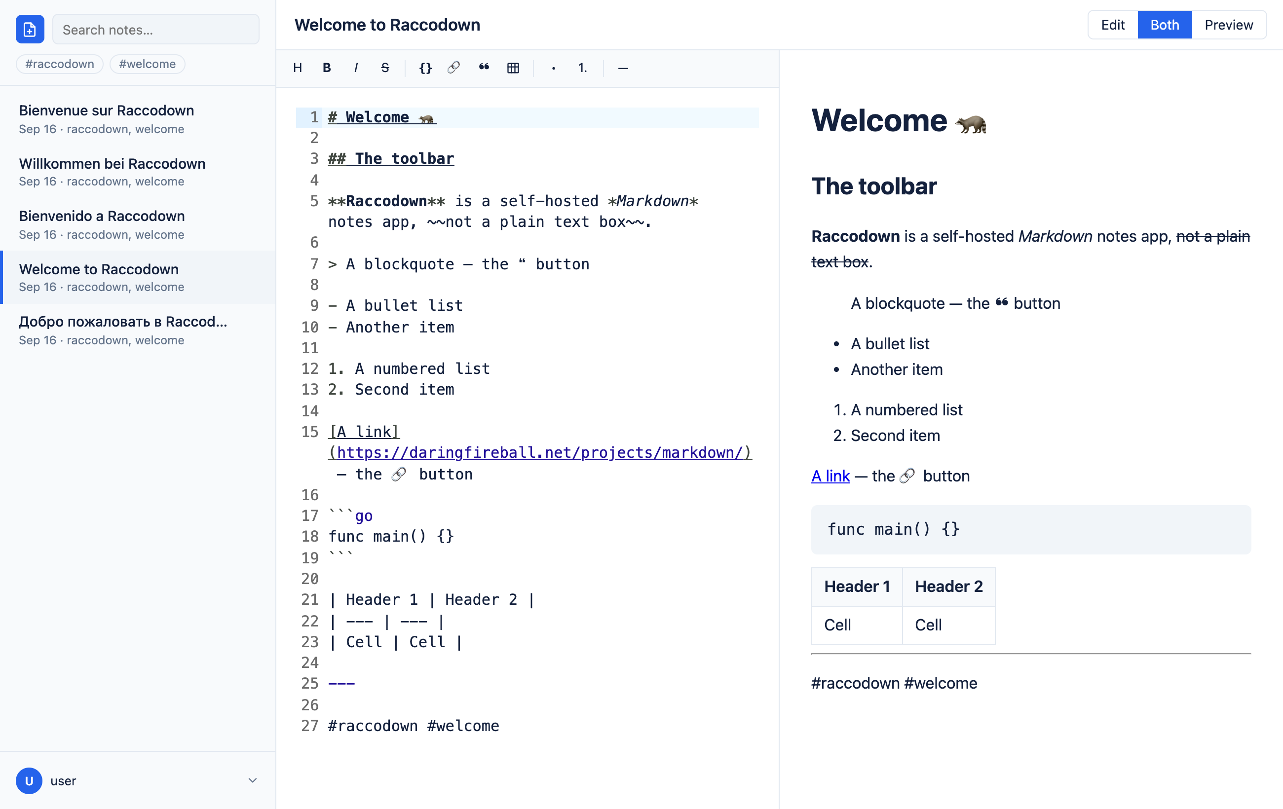 A note in Raccodown: Markdown editor on the left, live preview on the right